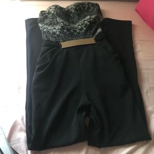 Bustier black jumpsuit with damask detail at top!
